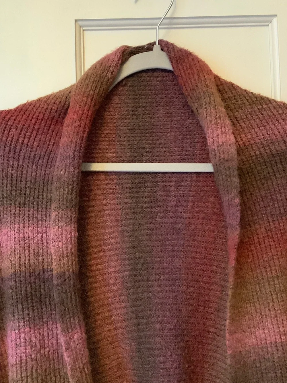 Fashion Bug Mauve and Olive Striped Open-Front Poncho Sweater - Picture 3 of 7